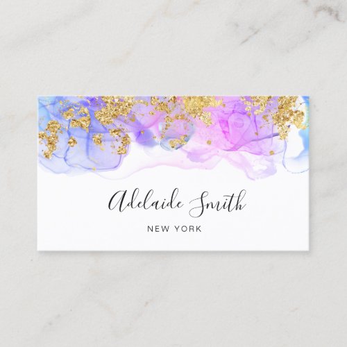 simulated gold glitter purple blue alcohol ink business card