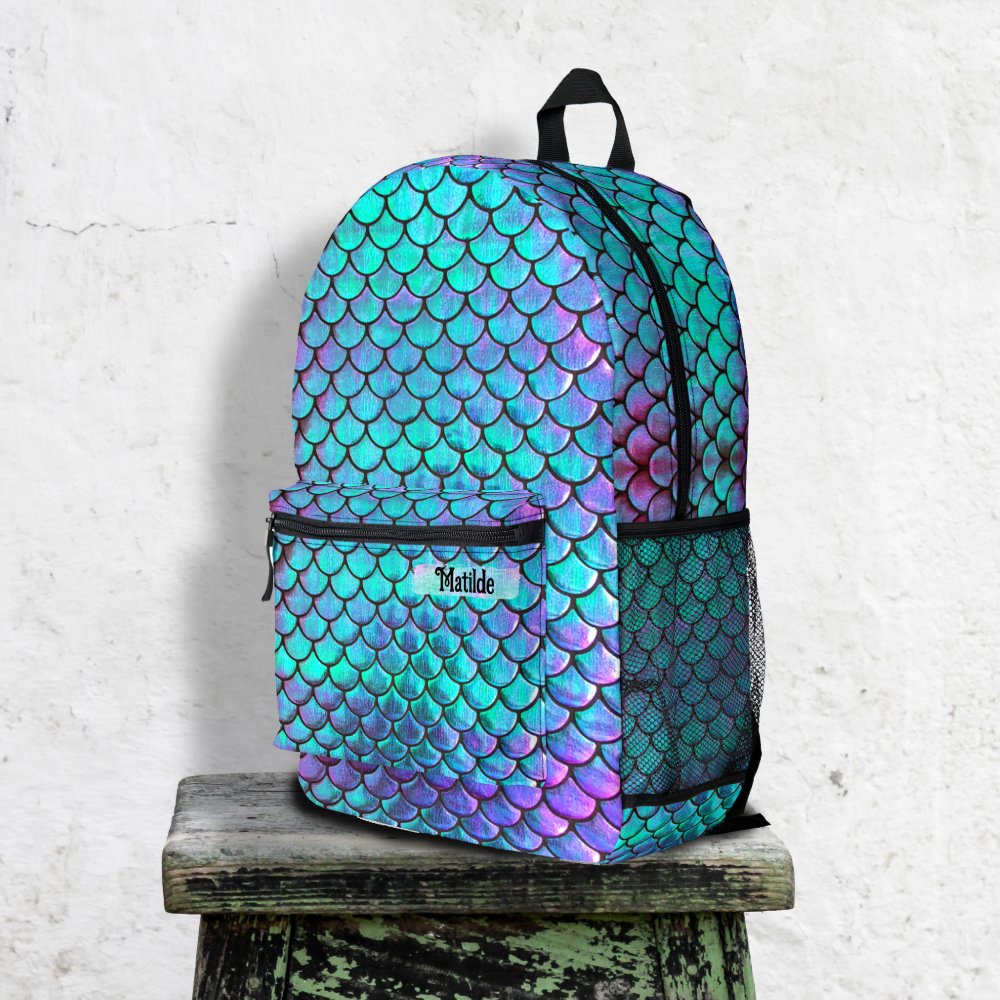 Simulated Iridescence Mermaid Scale Custom Name Printed Backpack