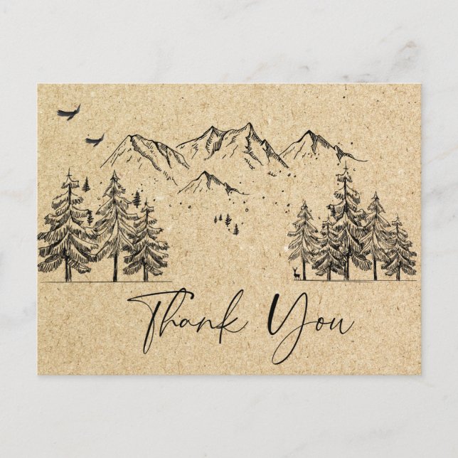 Simulated Kraft Paper Forest Mountains Thank You Postcard (Front)
