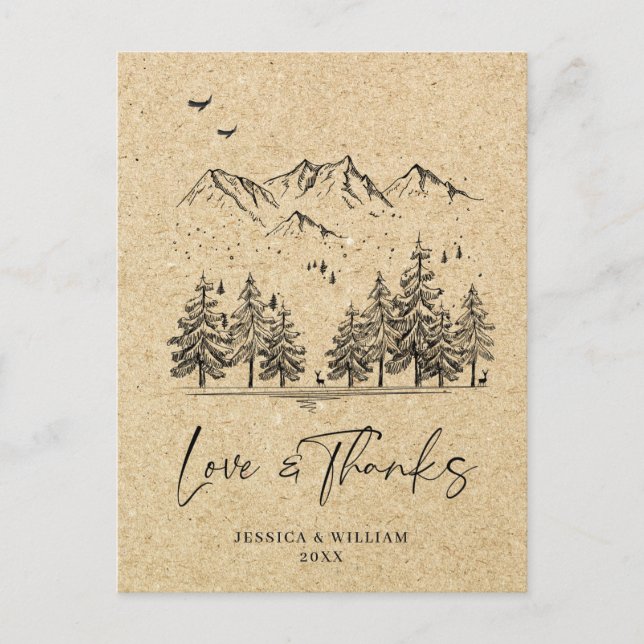 Simulated Kraft Paper Forest Mountains Thank You Postcard (Front)