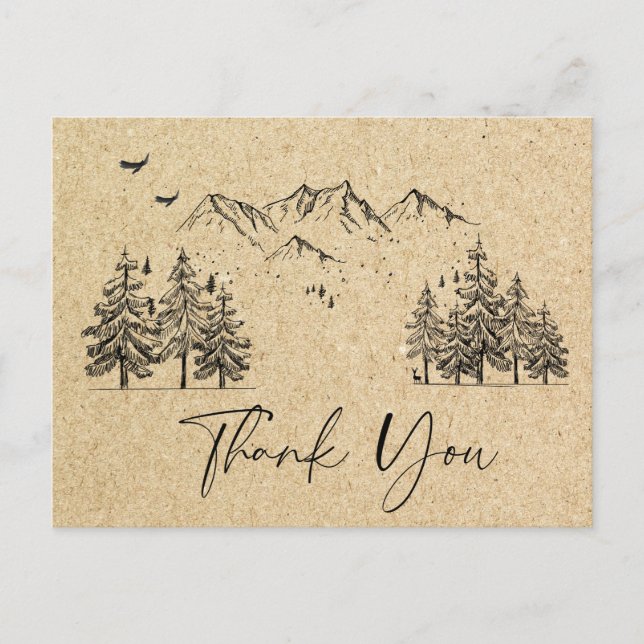 Simulated Kraft Paper Forest Mountains Thank You Postcard (Front)
