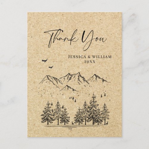 Simulated Kraft Paper Forest Mountains Thank You Postcard