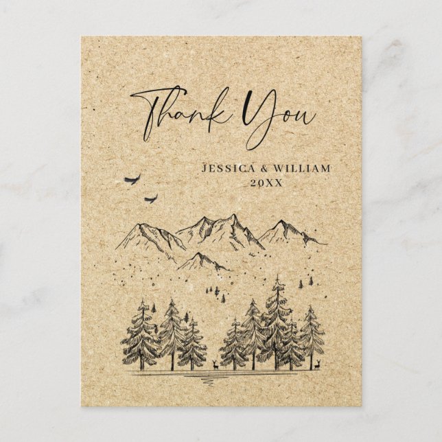 Simulated Kraft Paper Forest Mountains Thank You Postcard (Front)