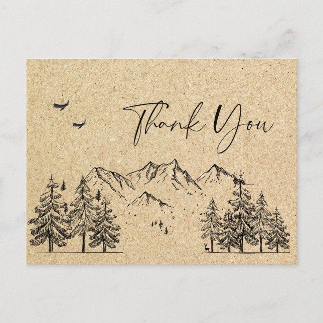 Simulated Kraft Paper Forest Mountains Thank You Postcard (Front)