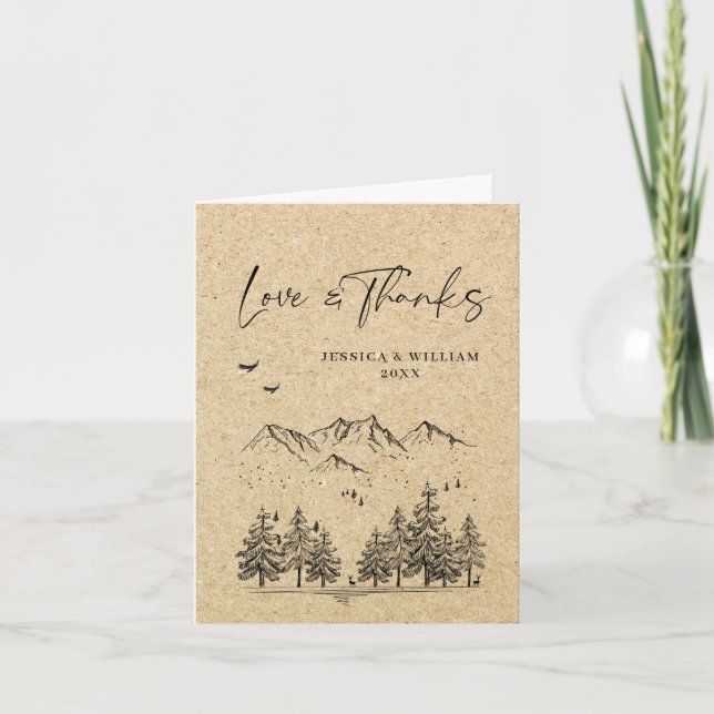 Simulated Kraft Paper Forest Mountains Wedding Letterpress Thank You Card (Front)