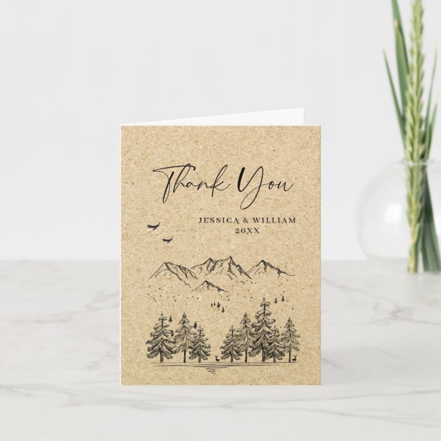 Simulated Kraft Paper Forest Mountains Wedding Thank You Card (Front)