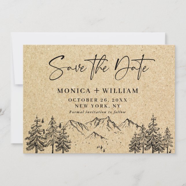 Simulated Kraft Paper Hand Drawn Mountain Wedding Save The Date (Front)