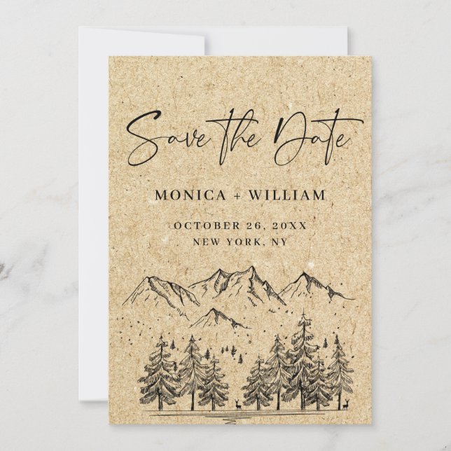 Simulated Kraft Paper Hand Drawn Mountain Wedding Save The Date (Front)