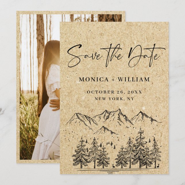 Simulated Kraft Paper Hand Drawn Mountain Wedding Save The Date (Front/Back)