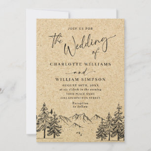 Simulated Kraft Paper Hand Drawn Mountains Wedding Invitation