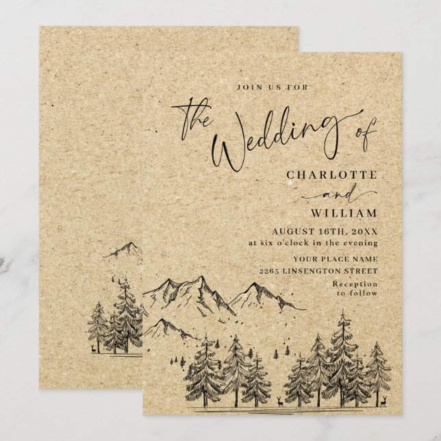 Simulated Kraft Paper Hand Drawn Mountains Wedding Invitation (Front/Back)