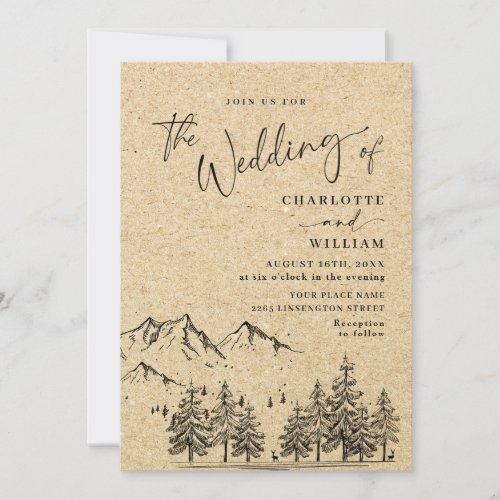 Simulated Kraft Paper Hand Drawn Mountains Wedding Invitation