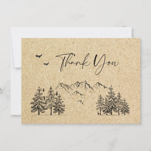 Simulated Kraft Paper Hand Drawn Mountains Wedding Thank You Card (Front)