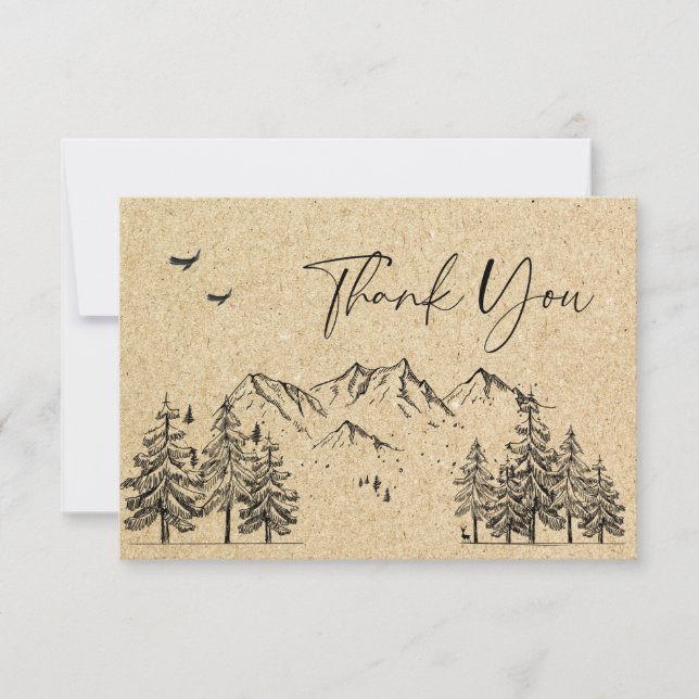 Simulated Kraft Paper Hand Drawn Mountains Wedding Thank You Card (Front)