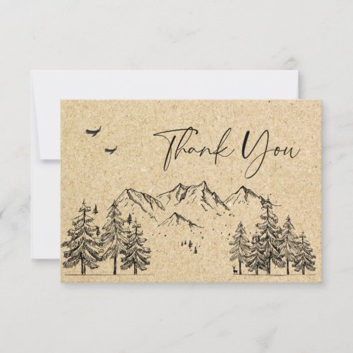 Simulated Kraft Paper Hand Drawn Mountains Wedding Thank You Card