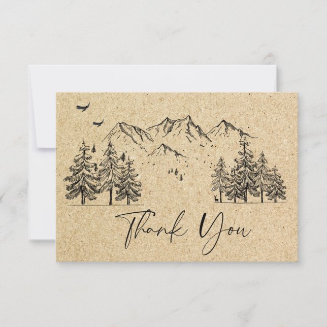 Simulated Kraft Paper Hand Drawn Mountains Wedding Thank You Card (Front)