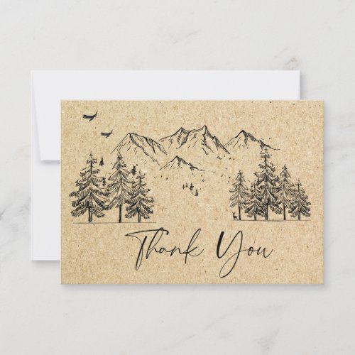 Simulated Kraft Paper Hand Drawn Mountains Wedding Thank You Card