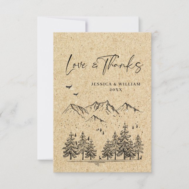 Simulated Kraft Paper Hand Drawn Mountains Wedding Thank You Card (Front)