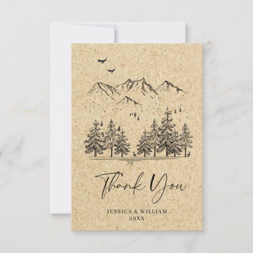 Simulated Kraft Paper Hand Drawn Mountains Wedding Thank You Card