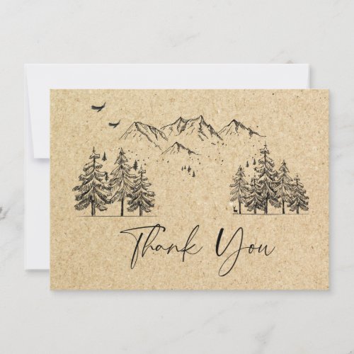 Simulated Kraft Paper Hand Drawn Mountains Wedding Thank You Card