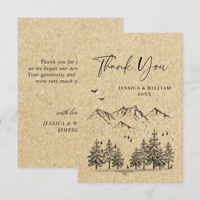 Simulated Kraft Paper Hand Drawn Mountains Wedding Thank You Card (Front/Back)