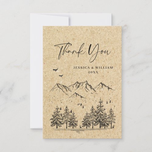 Simulated Kraft Paper Hand Drawn Mountains Wedding Thank You Card