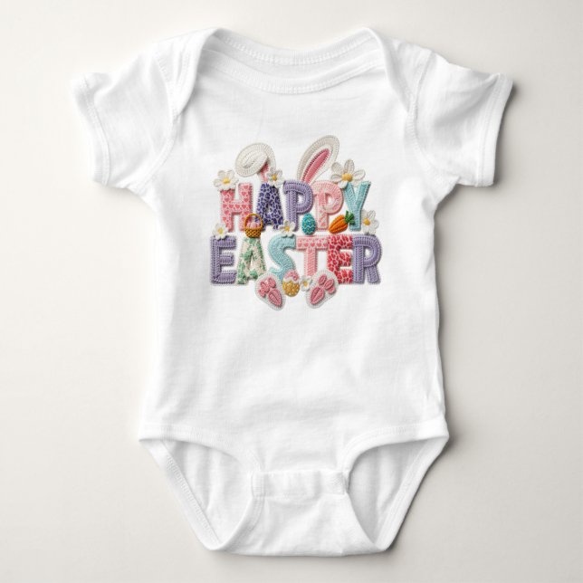 Simulated Latch Style Yarn Happy Easter  Baby Bodysuit (Front)