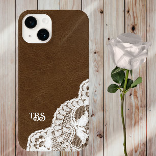 Simulated Leather and Lace Print Monogram Initial Case-Mate iPhone 14 Case