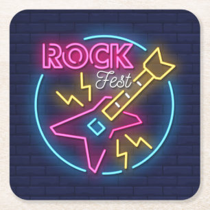 Simulated Rock Fest Neon Sign Against Brick Wall Square Paper Coaster