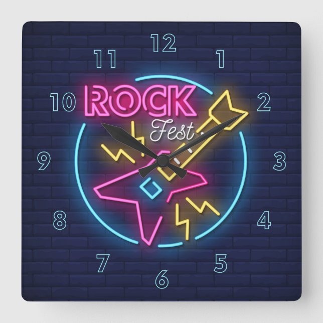 Simulated Rock Fest Neon Sign Against Brick Wall Square Wall Clock (Front)