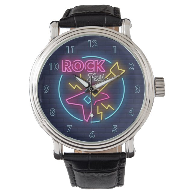 Simulated Rock Fest Neon Sign Against Brick Wall Watch (Front)