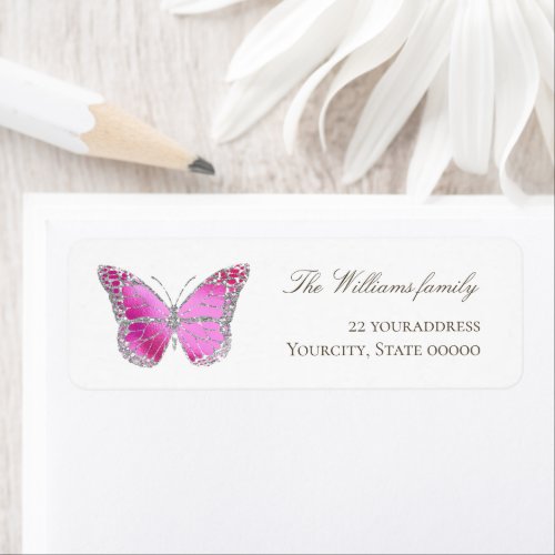 simulated silver glitter and hot pink butterfly  label