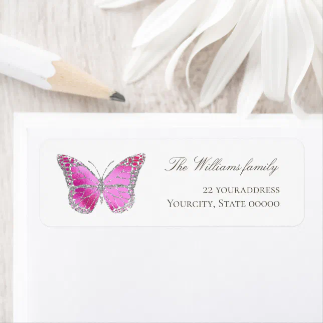 Pink Butterfly Label simulated silver glitter and hot pink butterfly label | Zazzle