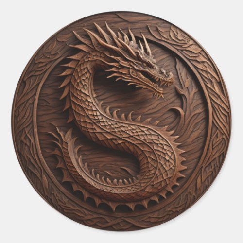 Simulated Wood Carving Dragon Classic Round Sticker