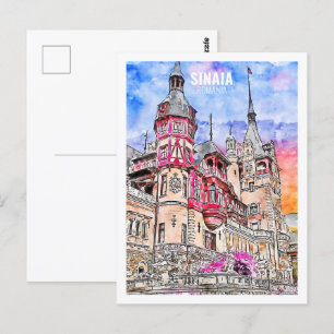 Sinaia Romania Famous Travel Watercolor Sketch Postcard