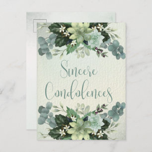 Sincere Condolences Watercolor Paint Succulents Postcard