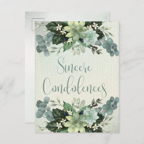 Sincere Condolences  Watercolor Paint Succulents Postcard