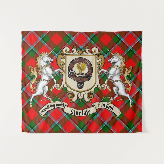 Sinclair Clan Badge & Unicorns w/Tartan  Tapestry (Front (Horizontal))