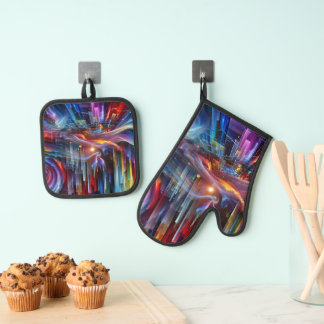 "Sinewaves Of Light" Colorful Modern Futuristic Oven Mitt & Pot Holder Set