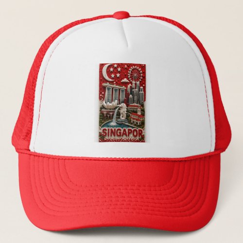 Singapore 3D Micro Mosaic Vertical Landmark Art Trucker Hat