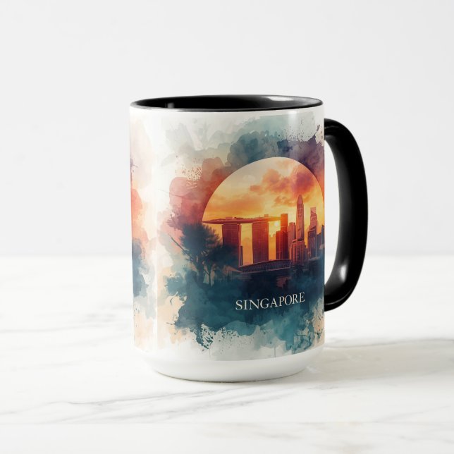 Singapore city retro watercolor Skyline Mug (Front Right)