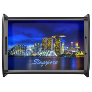 Singapore City Skyline At Night Serving Tray