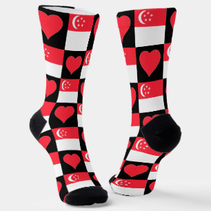 Singapore Flag Heart Pattern Fun Singaporean Pride Socks
