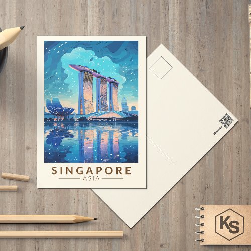 Singapore Marina Bay Night Travel Art Vintage Postcard