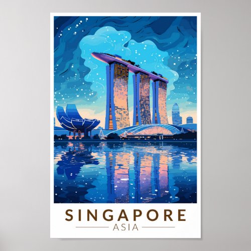 Singapore Marina Bay Night Travel Art Vintage Poster