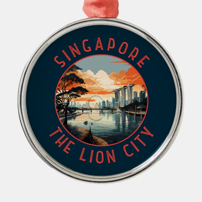 Singapore Retro Distressed Circle Metal Ornament (Front)