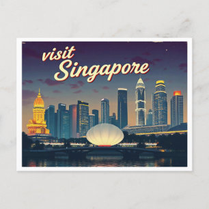 SINGAPORE SKYLINE ART VINTAGE POSTCARD