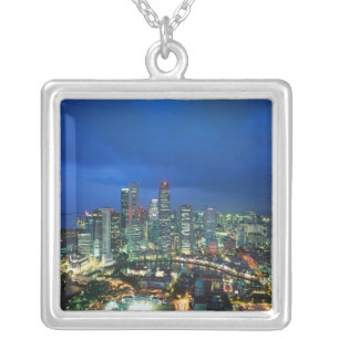 Singapore Skyline at night, Singapore Silver Plated Necklace