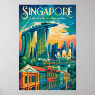 Singapore Skyline Illustration Travel Art Vintage Poster