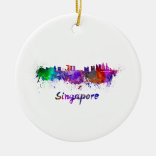 Singapore skyline in watercolor ceramic ornament